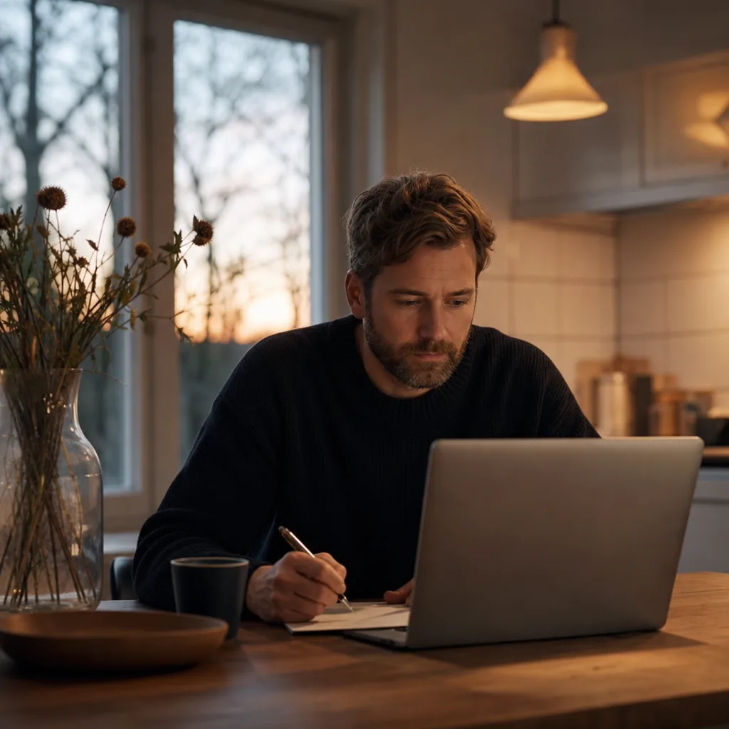 Person räknar månadsbetalning för bolån och privatlån på laptop