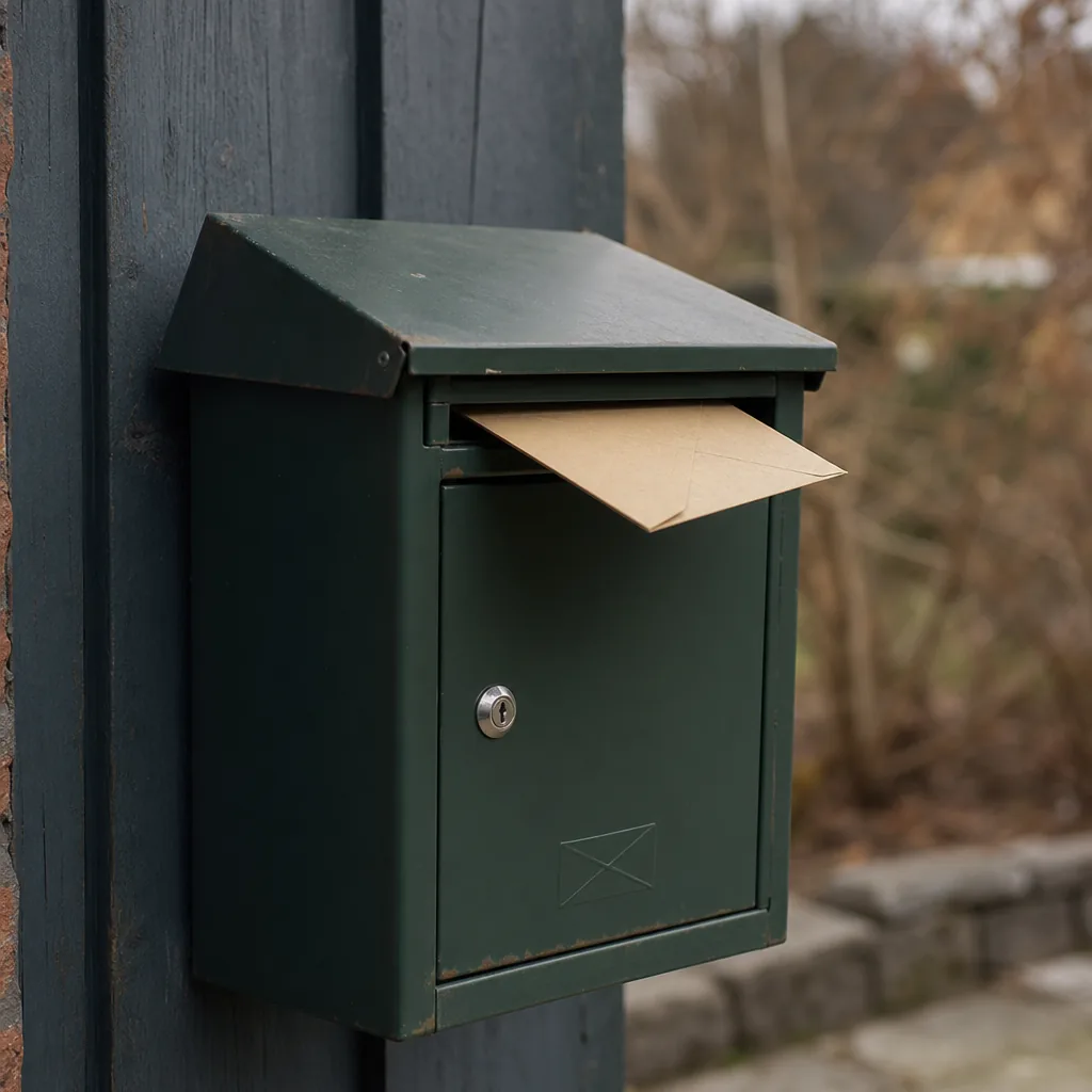Hand som postar uppsägningsbrev i en svensk postlåda en vinterdag